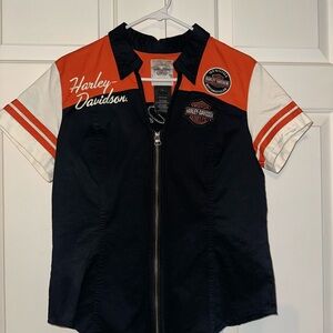 Harley-Davidson women’s  Black, Orange, and White zip front Shirt
